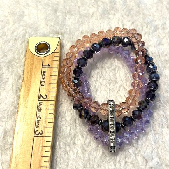 3 Strand Lavander Tan Faceted Beads Silvertone Rhinestone Band Elastic Bracelet - Picture 4 of 4